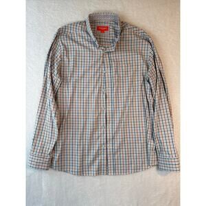 Johnston & Murphy Collared Shirt Men Size Large Red Blue Plaid Button Up Stretch